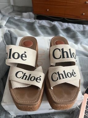 AUTHENTIC CHLOE WEDGE WOODY LOGO STRAP ESPADRILLE SANDALS SIZE 38